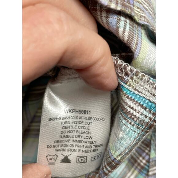 Wrangler Blues pearl snap mens short sleeve button shirt Medium blue plaid - Picture 3 of 5
